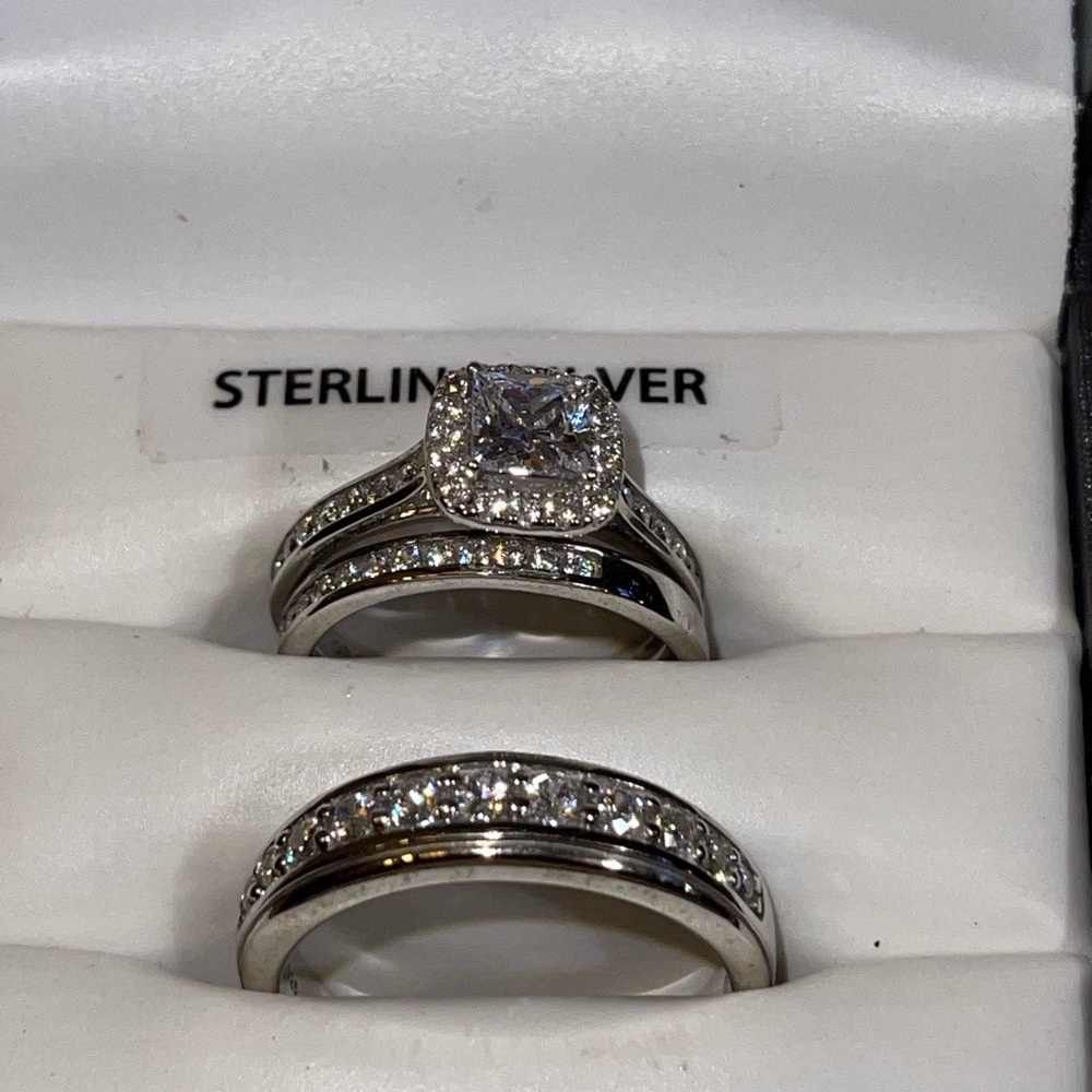 Brilliance Fine Jewelry Sterling Silver Diamond Halo Cushion Trio Ring Set - Picture 2 of 4